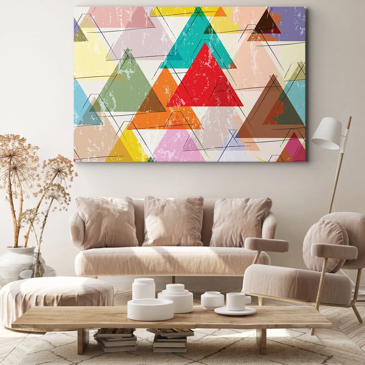 Bild auf Leinwand - Leinwandbild - Bunte Abstraktion mit geometrischen Dreiecken - 120x80cm - Drei mal drei - Moderne Wanddekoration für Wohnzimmer und Schlafzimmer ARTTOR