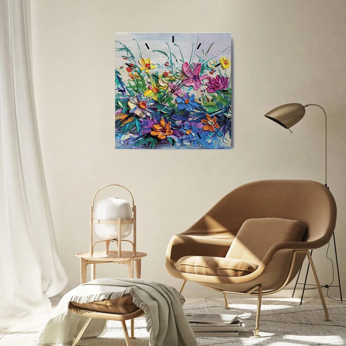 Wanduhr - Glasuhr - Ein bunter Blumenstrauß, gemalt in der Impasto-Technik - 30x30cm - Überhaupt kein Stillleben - Moderne Wanddekoration für Wohnzimmer und Schlafzimmer ARTTOR