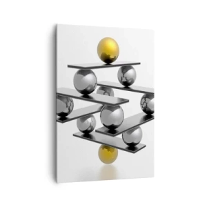 Bild auf Leinwand - Leinwandbild - Geometrische Komposition mit Metallkugeln und einem goldenen Akzent - 70x100cm - Gold- und Silberbalance - Moderne Wanddekoration für Wohnzimmer und Schlafzimmer ARTTOR
