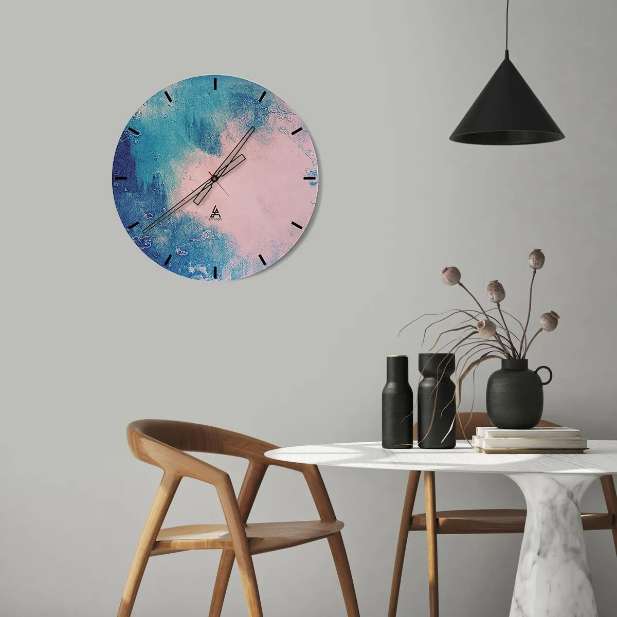 Wanduhr - Glasuhr - Abstrakte Komposition in Blau- und Rosatönen - 30x30cm - Himmelsblaue Umarmungen - Moderne Wanddekoration für Wohnzimmer, Küche und Schlafzimmer ARTTOR