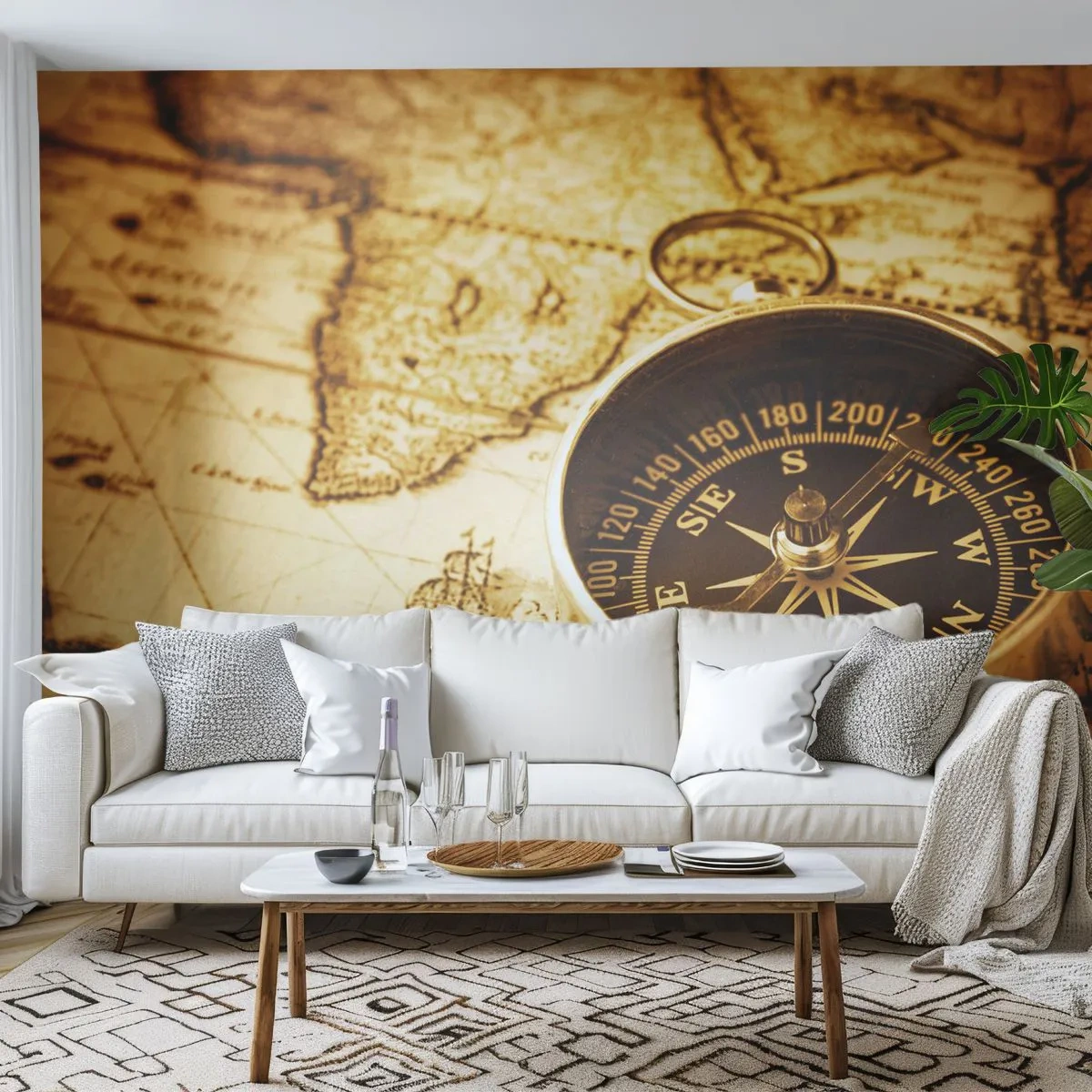 Fototapete Premium Sand - Ein Kompass auf einem alten Sepia-Kartenhintergrund - 100x70cm - Ost oder West? - Moderne Wanddekoration für Wohnzimmer und Schlafzimmer ARTTOR