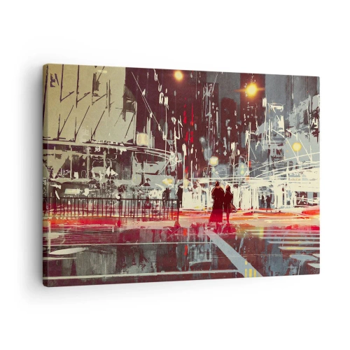 Bild auf Leinwand - Leinwandbild - Stadt bei Nacht mit Neonlichtern und Silhouetten von Menschen auf der Straße - 70x50cm - Eine große Stadtüberquerung - Moderne Wanddekoration für Wohnzimmer und Schlafzimmer ARTTOR
