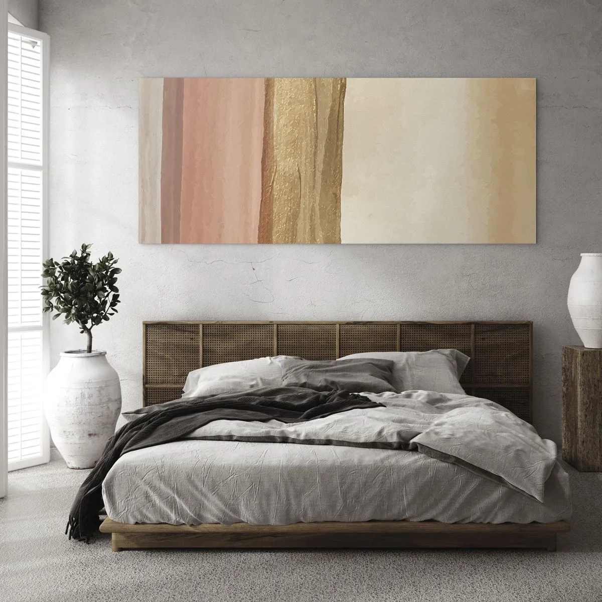 Glasbild - Bild auf glas - Abstrakte Streifen in Beige-, Gold- und Rosatönen auf Leinwand - 120x50cm - Vertikale Komposition - Moderne Wanddekoration für Wohnzimmer und Schlafzimmer ARTTOR