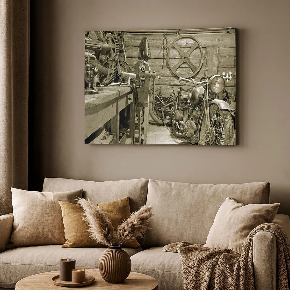 Bild auf Leinwand - Leinwandbild - Retro-Werkstatt mit Motorrädern und Werkzeug - 70x50cm - Im Schuppen von Onkel Władek - Moderne Wanddekoration für Wohnzimmer und Schlafzimmer ARTTOR