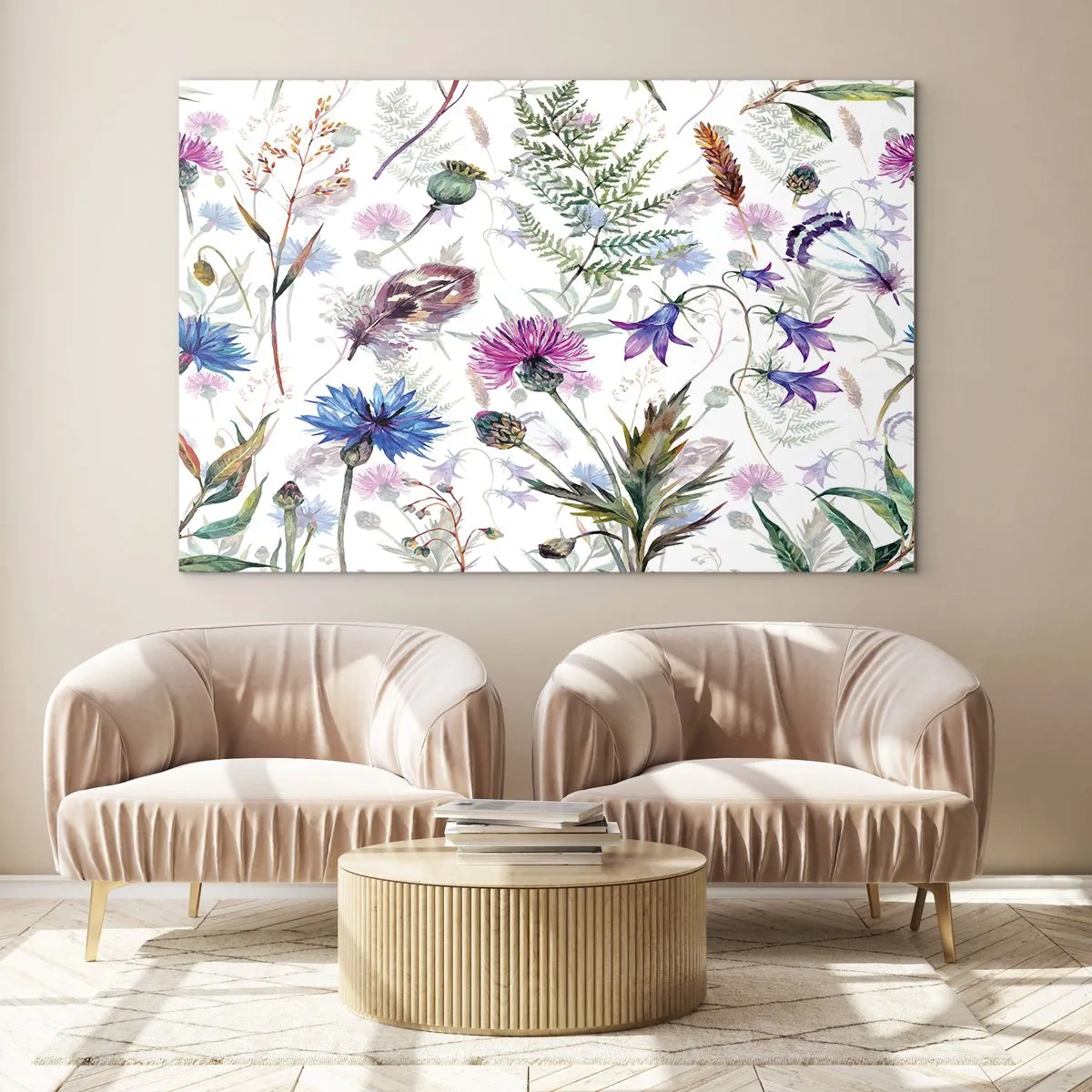 Glasbild - Bild auf glas - Zeichnungen von Wildblumen und Blättern auf hellem Hintergrund - 70x50cm - Polnisches Herbarium - Moderne Wanddekoration für Wohnzimmer und Schlafzimmer ARTTOR