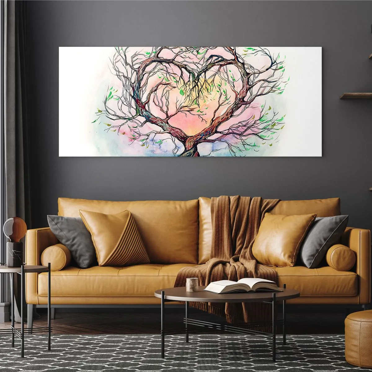 Glasbild - Bild auf glas - Ein herzförmiger Baum vor einem Hintergrund aus zarten Pastellfarben - 140x50cm - Gemeinsam gegen die Stürme - Moderne Wanddekoration für Wohnzimmer und Schlafzimmer ARTTOR