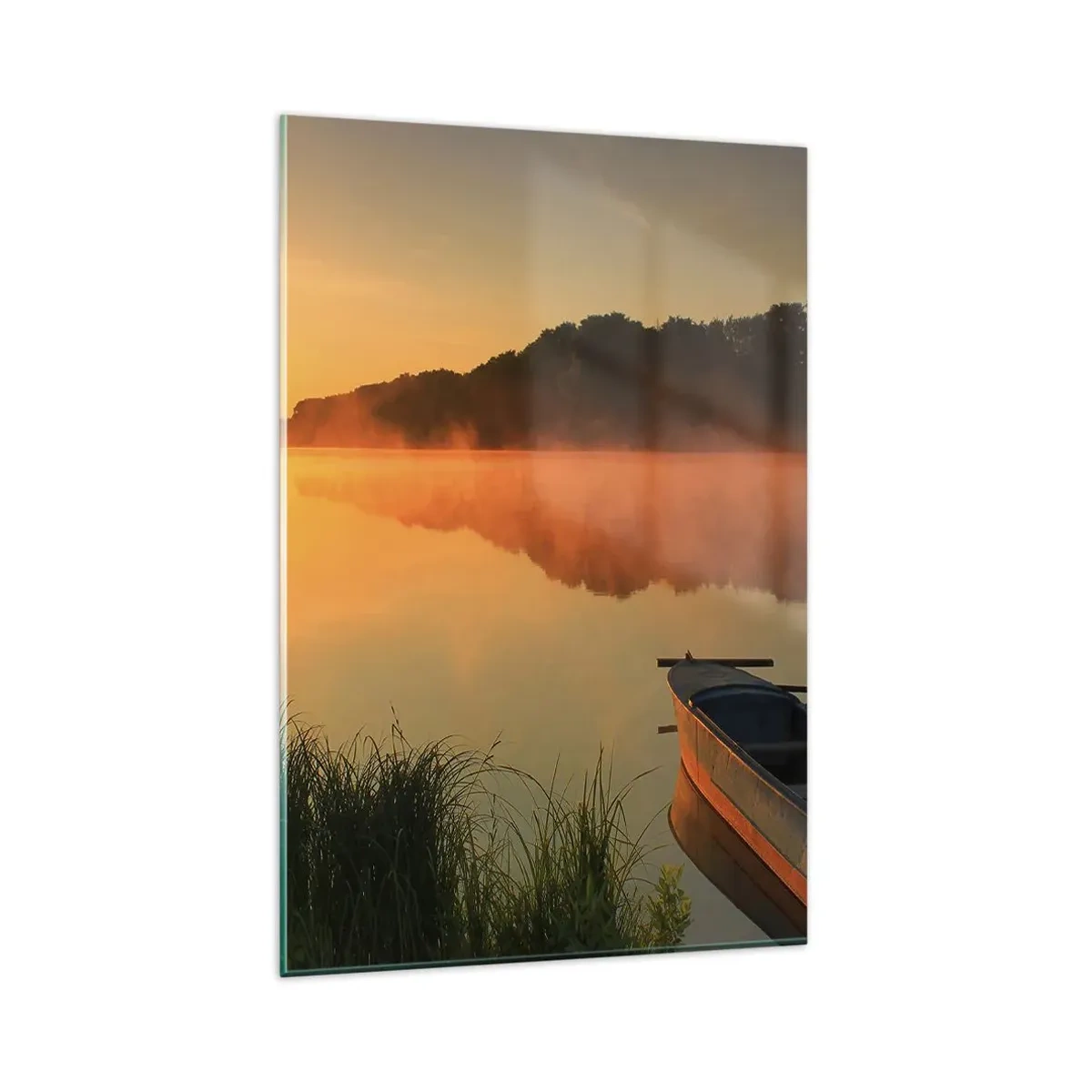 Glasbild - Bild auf glas - Morgennebel über dem Fluss mit einem Boot in den Sonnenstrahlen - 80x120cm - Sonnenaufgang über dem Wasser wie ein Spiegel - Moderne Wanddekoration für Wohnzimmer und Schlafzimmer ARTTOR