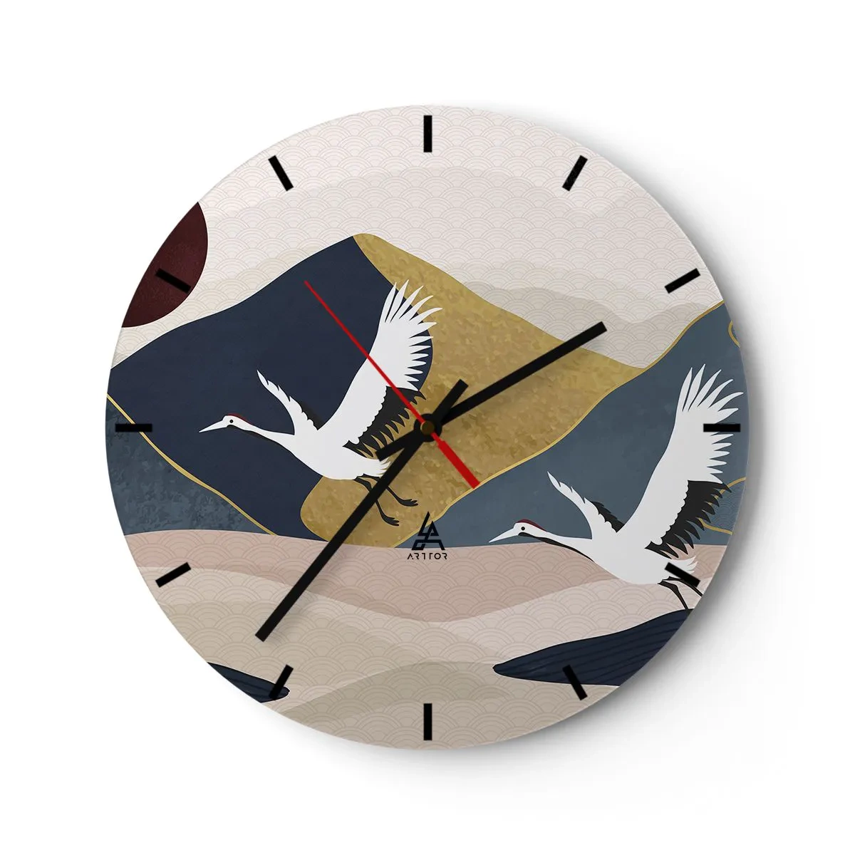 Wanduhr - Glasuhr - Kraniche im Flug vor dem Hintergrund abstrakter Berge und der Sonne - 30x30cm - Es ist wieder ein Tag VERFLOGEN - Moderne Wanddekoration für Wohnzimmer, Küche und Schlafzimmer ARTTOR