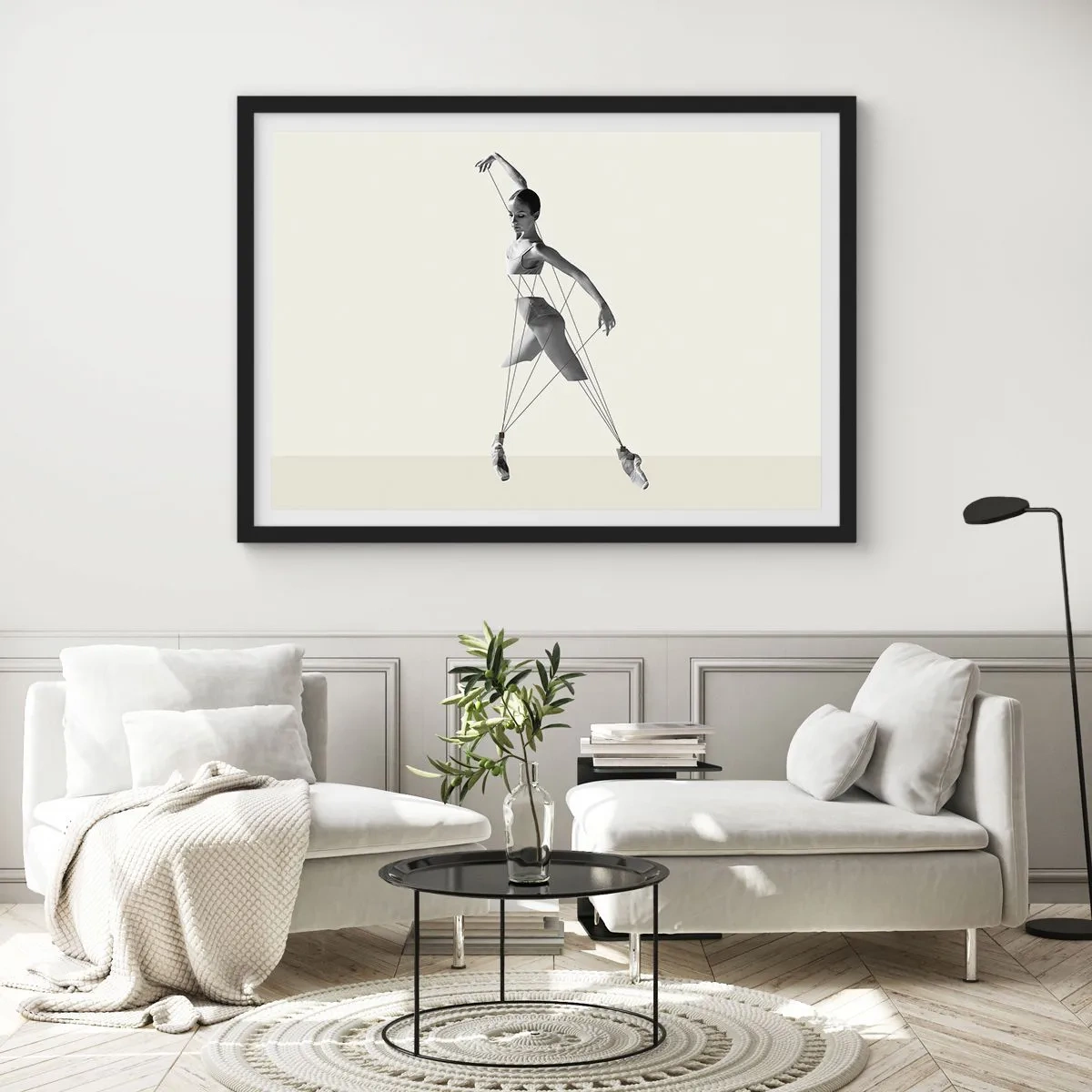 Poster in einem schwarzem Rahmen - Ballerina in geometrischer Interpretation mit Linien - 100x70cm - Im Theater der Welt - Moderne Wanddekoration für Wohnzimmer und Schlafzimmer ARTTOR