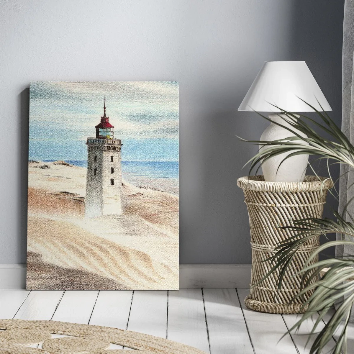 Bild auf Leinwand - Leinwandbild - Ein Leuchtturm, umgeben von Sanddünen und blauem Himmel - 70x100cm - Immer aufs Meer starrend - Moderne Wanddekoration für Wohnzimmer und Schlafzimmer ARTTOR