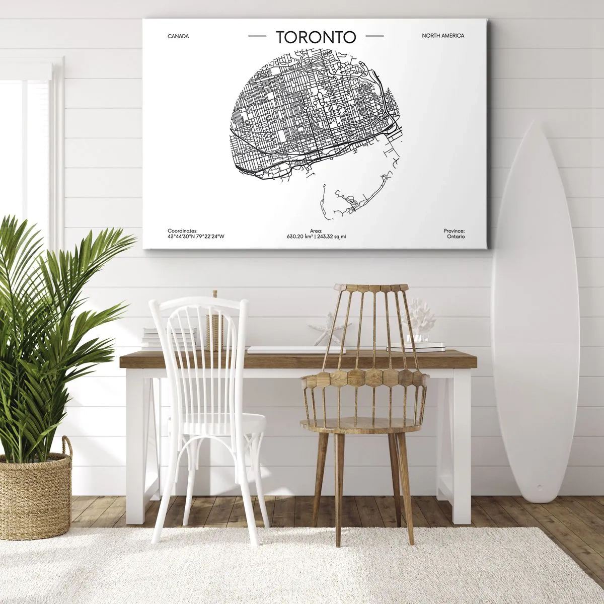 Bild auf Leinwand - Leinwandbild - Eine Karte von Toronto im minimalistischen Schwarz-Weiß-Stil - 70x50cm - Anatomie von Toronto - Moderne Wanddekoration für Wohnzimmer und Schlafzimmer ARTTOR