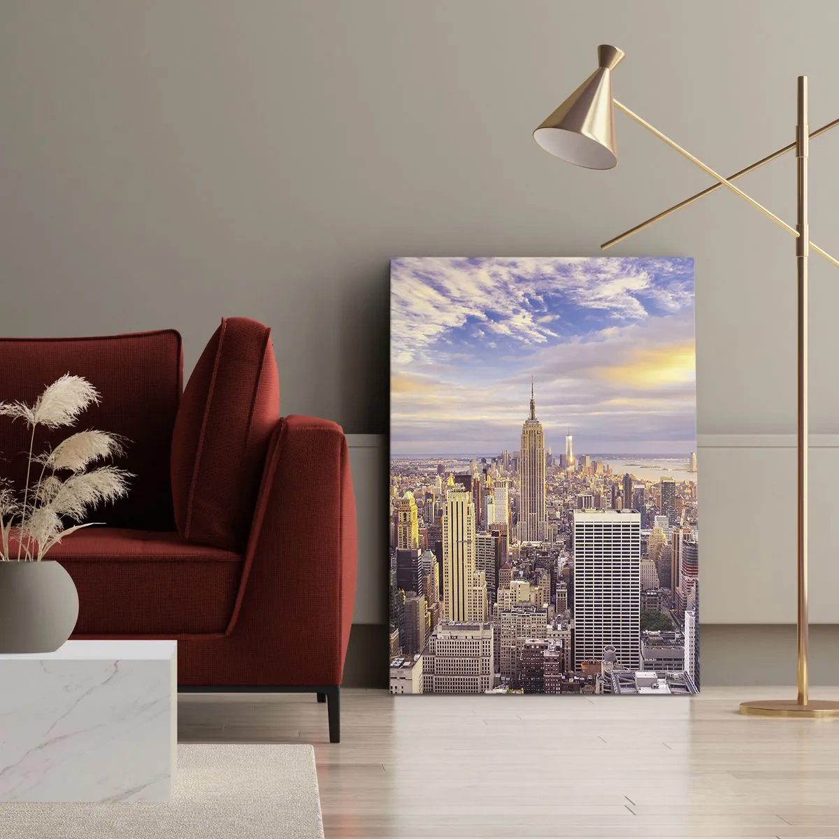 Bild auf Leinwand - Leinwandbild - Panorama einer modernen Stadt mit Wolkenkratzern bei Sonnenuntergang - 70x100cm - Nur nach den Wolken greifen - Moderne Wanddekoration für Wohnzimmer und Schlafzimmer ARTTOR