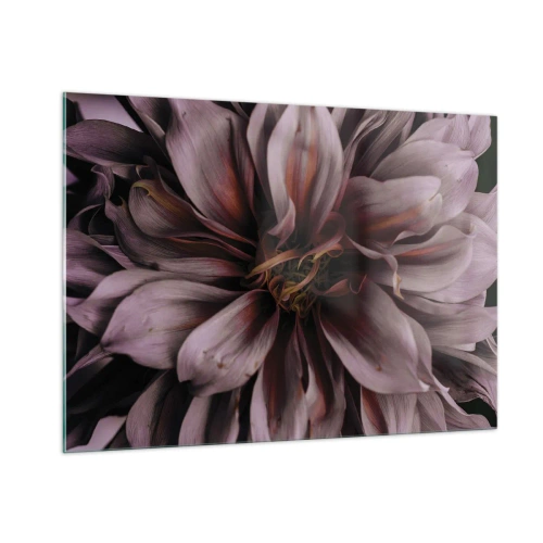 Glasbild - Bild auf glas - Nahaufnahme einer dunklen Blume mit violetten und burgunderfarbenen Blütenblättern - 100x70cm - Ein Blumenherz - Moderne Wanddekoration für Wohnzimmer und Schlafzimmer ARTTOR