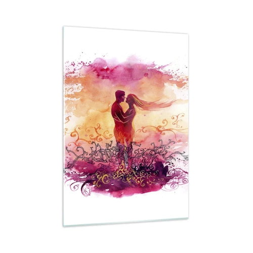 Glasbild - Bild auf glas - Ein romantisches Paar in abstrakten, warmen Farben - 50x70cm - Ein Herz! ich brauche so wenig... - Moderne Wanddekoration für Wohnzimmer und Schlafzimmer ARTTOR