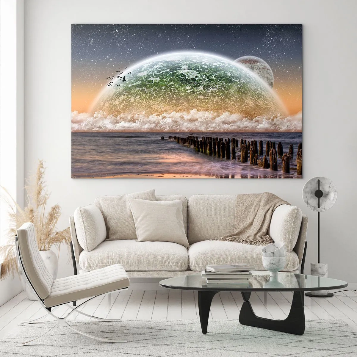 Glasbild - Bild auf glas - Sonnenuntergang über dem Planeten und dem Ozean - 100x70cm - Und die Welt tauchte aus dem Wasser auf - Moderne Wanddekoration für Wohnzimmer und Schlafzimmer ARTTOR