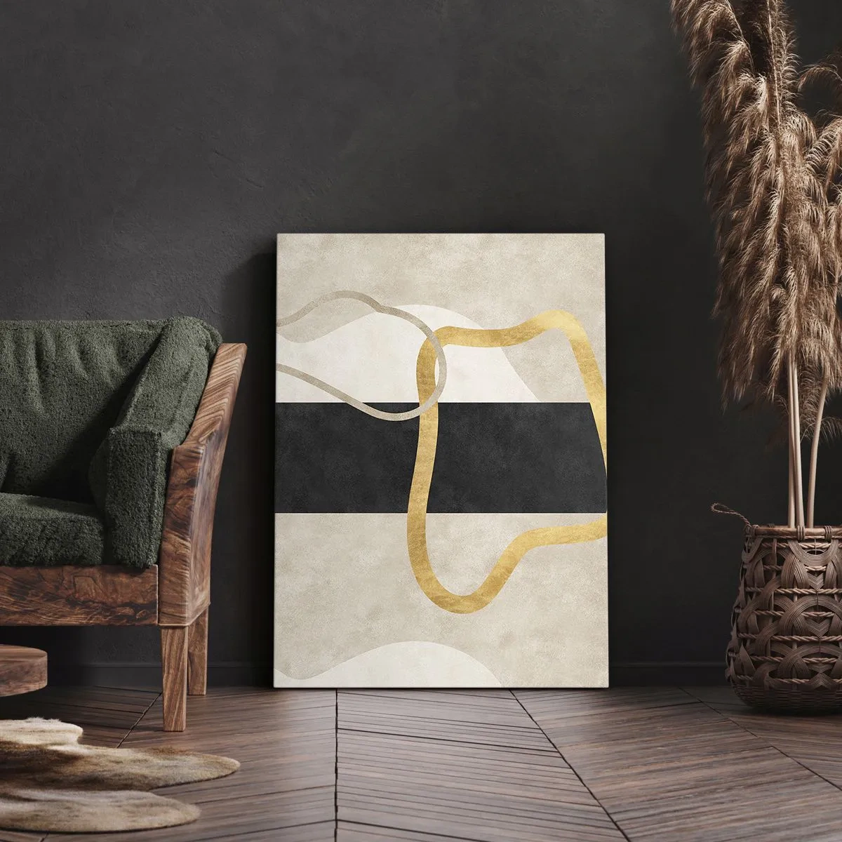 Bild auf Leinwand - Leinwandbild - Ein minimalistisches Design mit geschwungenen Formen in Gold und Schwarz. - 50x70cm - Schleifenformen - Moderne Wanddekoration für Wohnzimmer und Schlafzimmer ARTTOR