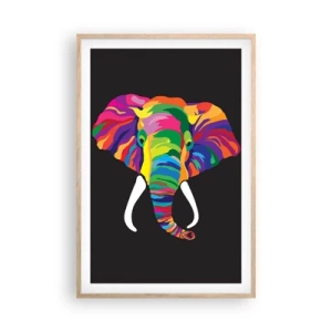 Poster in einem Rahmen aus heller Eiche - Der Elefant, der es liebte, im Regenbogen zu baden - 61x91 cm