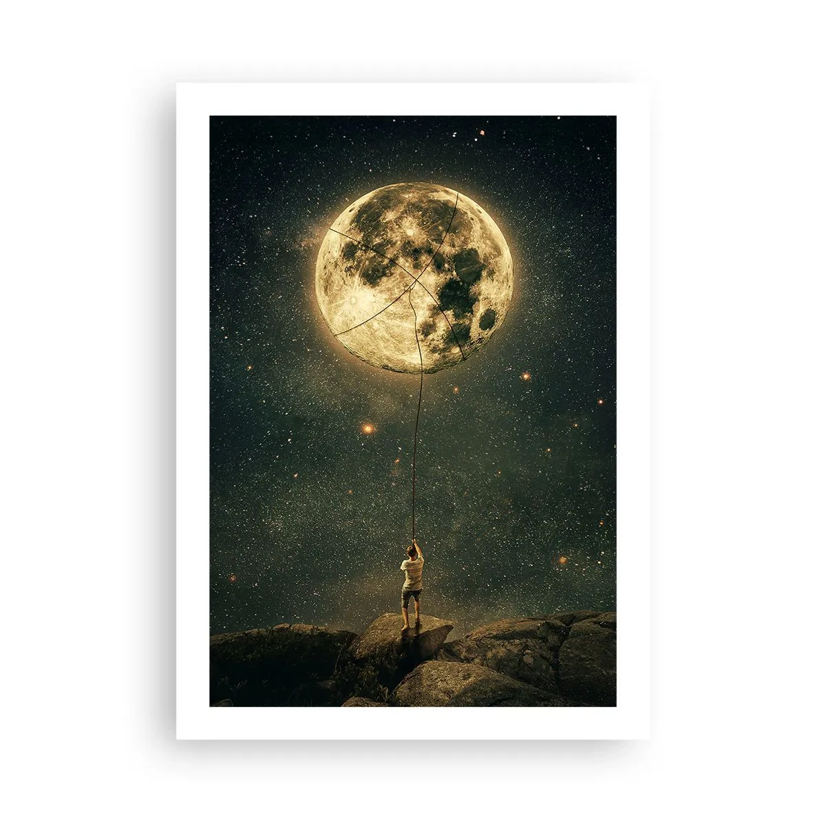 Poster - Eine Figur, die den Mond an einem Seil in einer Sternenlandschaft hält. - 50x70cm - Der Mann, der den Mond gestohlen hat - Moderne Wanddekoration für Wohnzimmer und Schlafzimmer ARTTOR