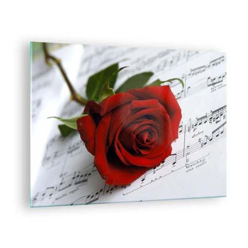 Glasbild - Bild auf glas - Eine rote Rose vor einem Hintergrund aus Musiknoten - 70x50cm - Musik der Gefühle in Scharlach - Moderne Wanddekoration für Wohnzimmer und Schlafzimmer ARTTOR