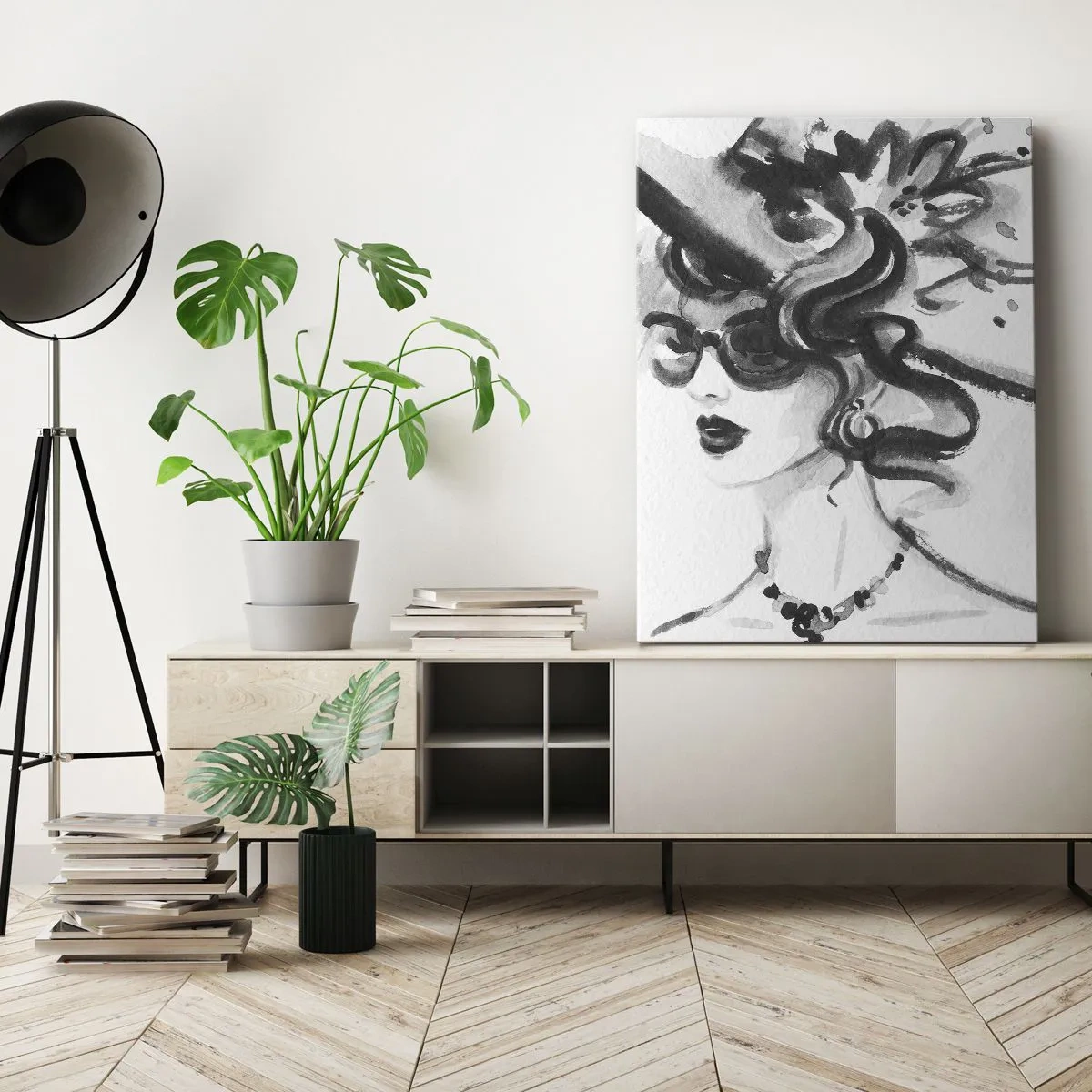 Bild auf Leinwand - Leinwandbild - Elegante Frau mit Hut im Schwarz-Weiß-Stil - 50x70cm - Eine Dame mit Charakter - Moderne Wanddekoration für Wohnzimmer und Schlafzimmer ARTTOR