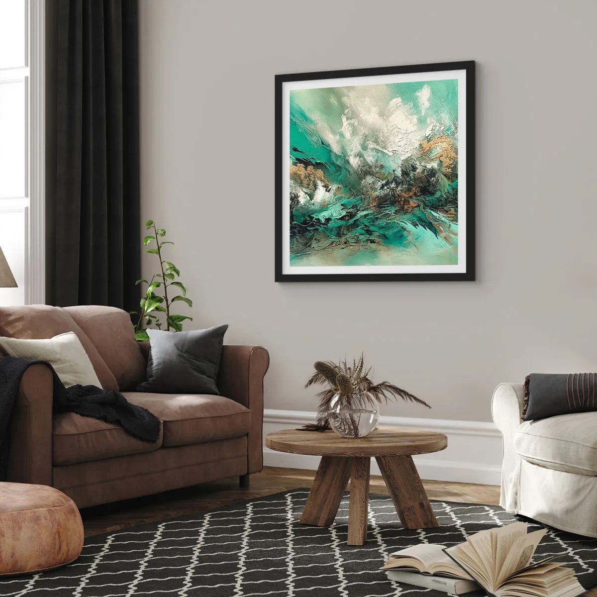 Poster in einem schwarzem Rahmen - Smaragdgrüne und schwarze Brandung - 30x30 cm