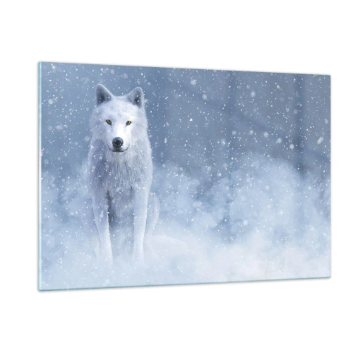 Glasbild - Bild auf glas - Ein weißer Wolf in einem Schneesturm, der geradeaus schaut - 120x80cm - In Winterstimmung - Moderne Wanddekoration für Wohnzimmer und Schlafzimmer ARTTOR