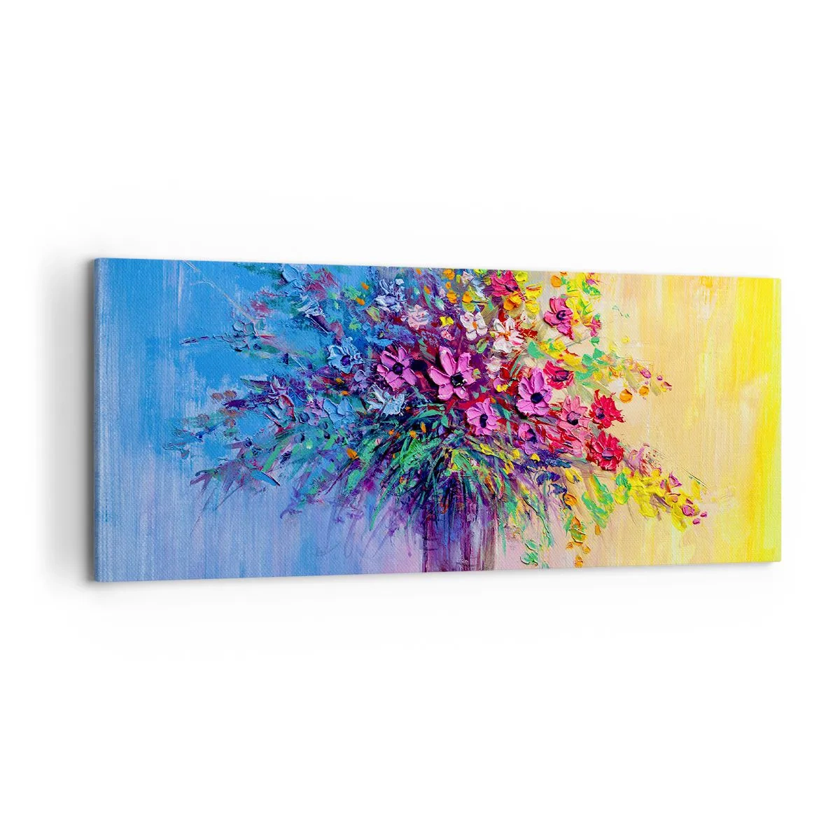 Bild auf Leinwand - Leinwandbild - Ein bunter Blumenstrauß in einer Vase vor einem Hintergrund mit Farbverlauf - 120x50cm - Sommergeschenk der Wiese - Moderne Wanddekoration für Wohnzimmer und Schlafzimmer ARTTOR