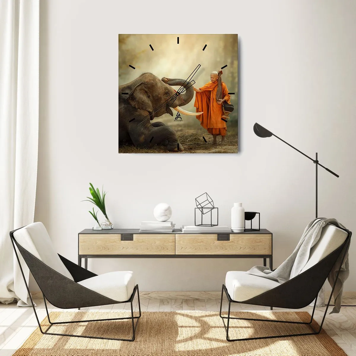 Wanduhr - Glasuhr - Ein Mönch und ein Elefant in Harmonie vor der Kulisse der Natur - 30x30cm - Treffen unterwegs - Moderne Wanddekoration für Wohnzimmer und Schlafzimmer ARTTOR