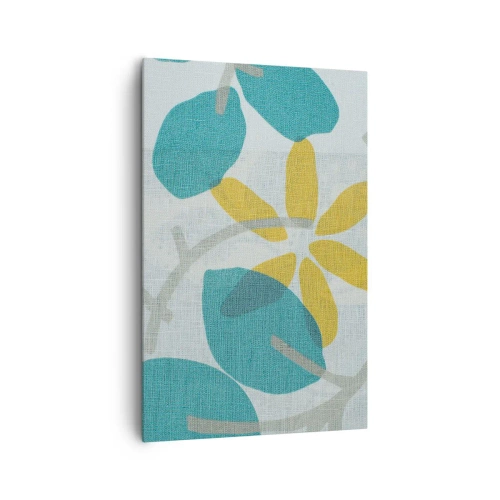 Bild auf Leinwand - Leinwandbild - Blätter in Türkis- und Gelbtönen auf hellem Hintergrund - 80x120cm - Unter den azurblauen Blättern - Moderne Wanddekoration für Wohnzimmer und Schlafzimmer ARTTOR
