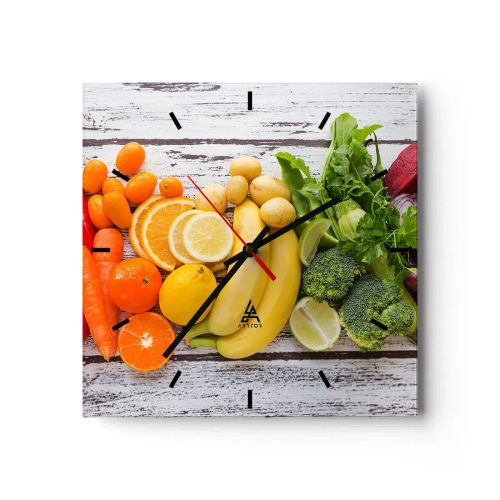 Wanduhr - Glasuhr - Buntes Obst und Gemüse auf einem hölzernen Hintergrund - 30x30cm - Es ist nicht genug? - Moderne Wanddekoration für Wohnzimmer und Schlafzimmer ARTTOR