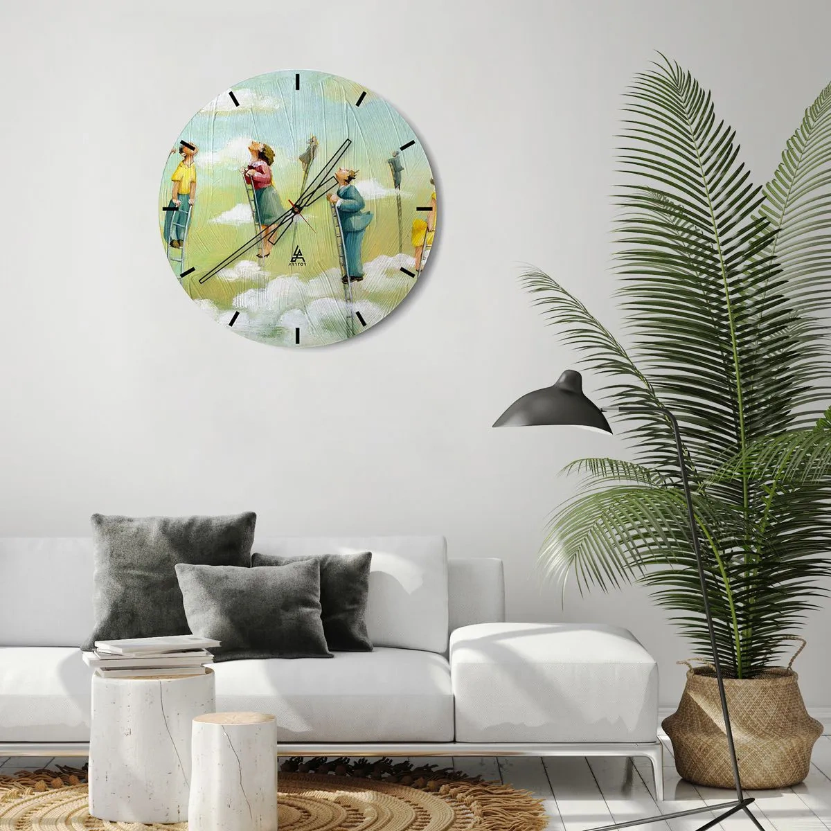 Wanduhr - Glasuhr - Menschen, die vor einem bunten Hintergrund Leitern in den Wolken erklimmen - 30x30cm - Hinter deinem Traum - Moderne Wanddekoration für Wohnzimmer, Küche und Schlafzimmer ARTTOR