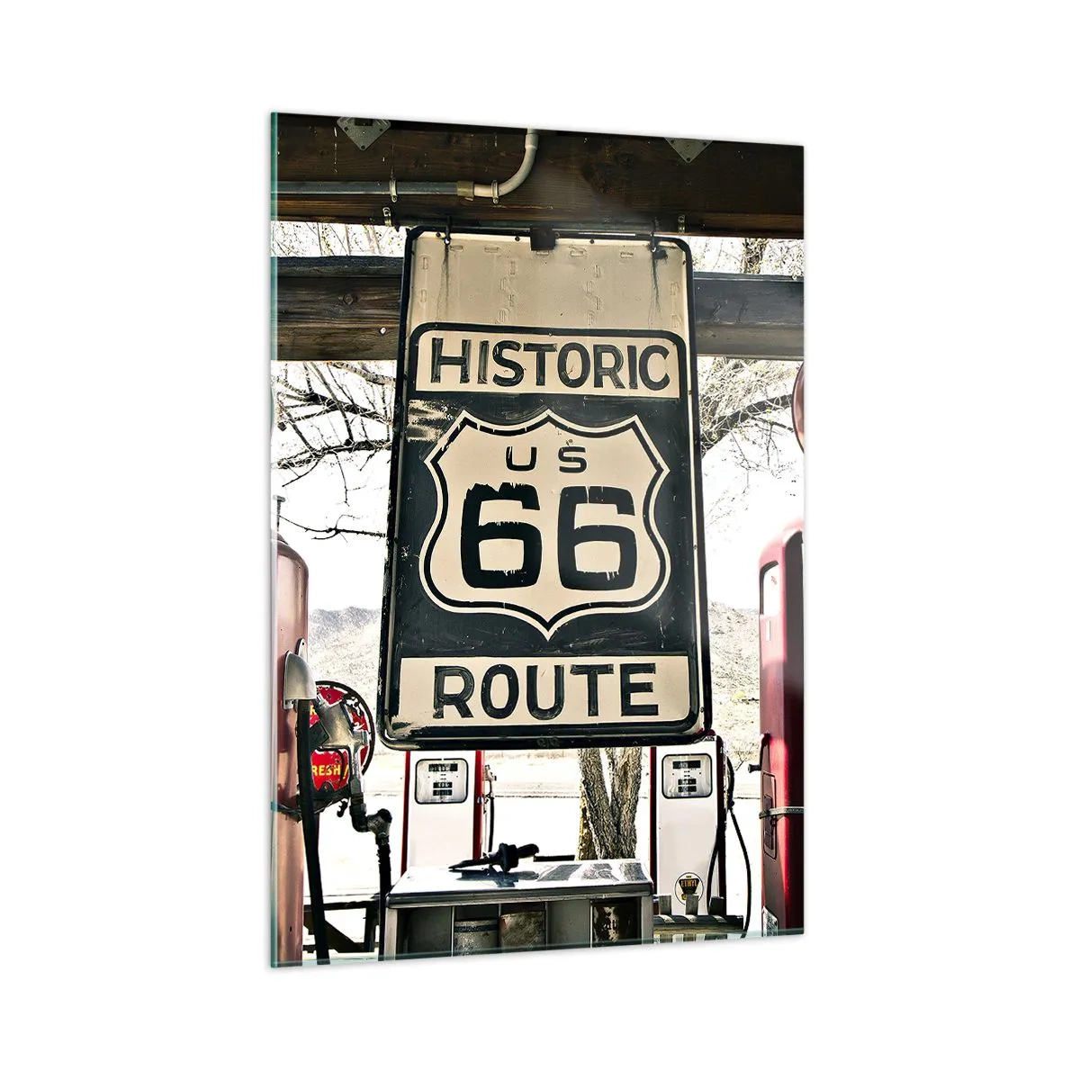 Glasbild - Bild auf glas - Vintage-Zapfsäulen und Route 66-Schild - 50x70cm - Amerikanische Retro-Reise - Moderne Wanddekoration für Wohnzimmer und Schlafzimmer ARTTOR