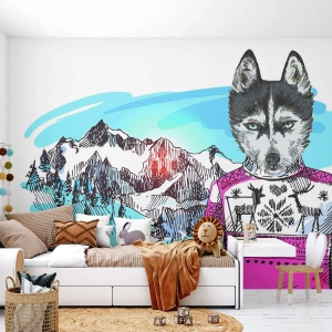 Fototapete Premium Sand - Husky im rosa Pullover vor Bergpanorama - 100x70cm - Ein Wolf in Schafwolle - Moderne Wanddekoration für Wohnzimmer und Schlafzimmer ARTTOR