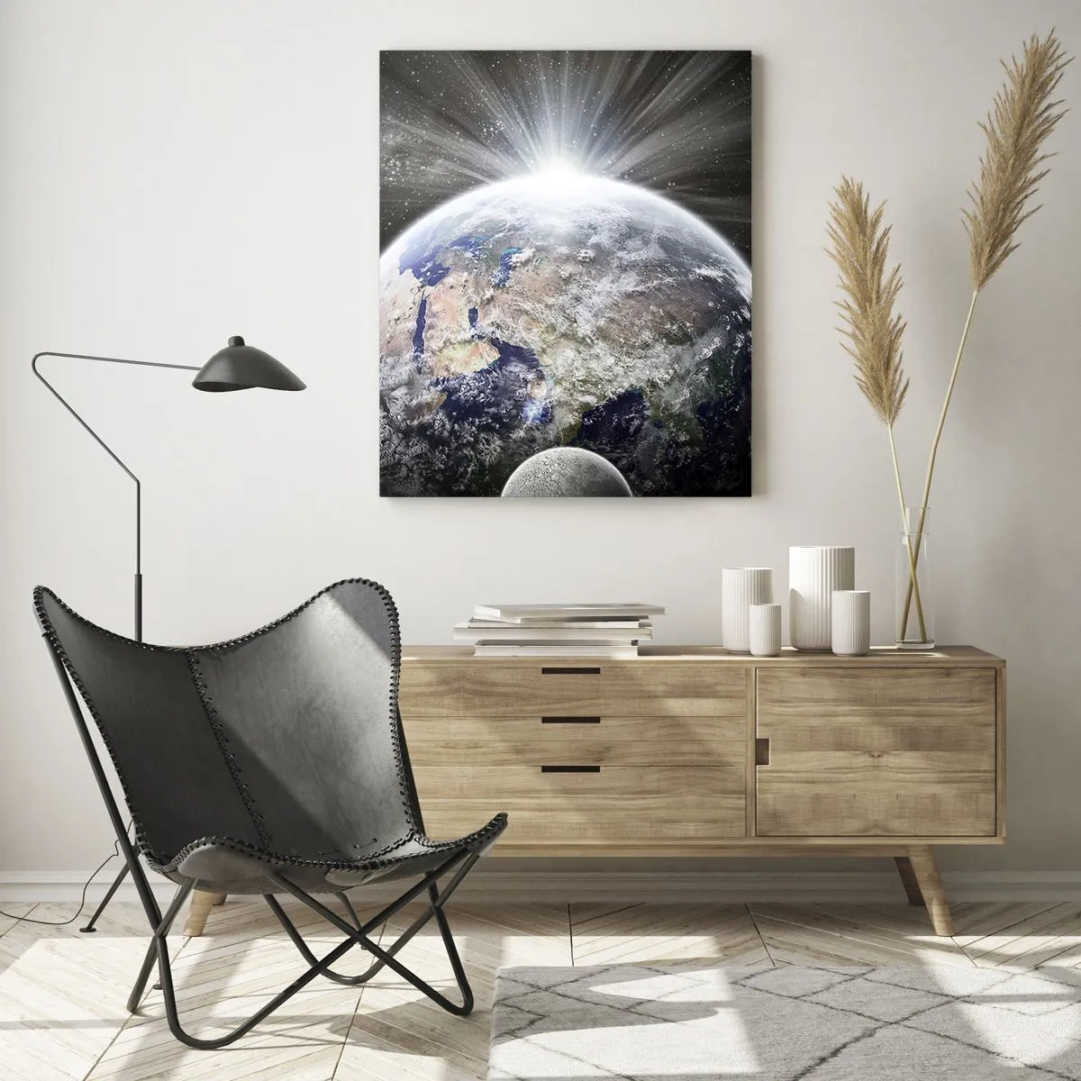 Glasbild - Bild auf glas - Erde und Mond in einer Weltraumlandschaft - 50x70cm - In voller Pracht - Moderne Wanddekoration für Wohnzimmer und Schlafzimmer ARTTOR