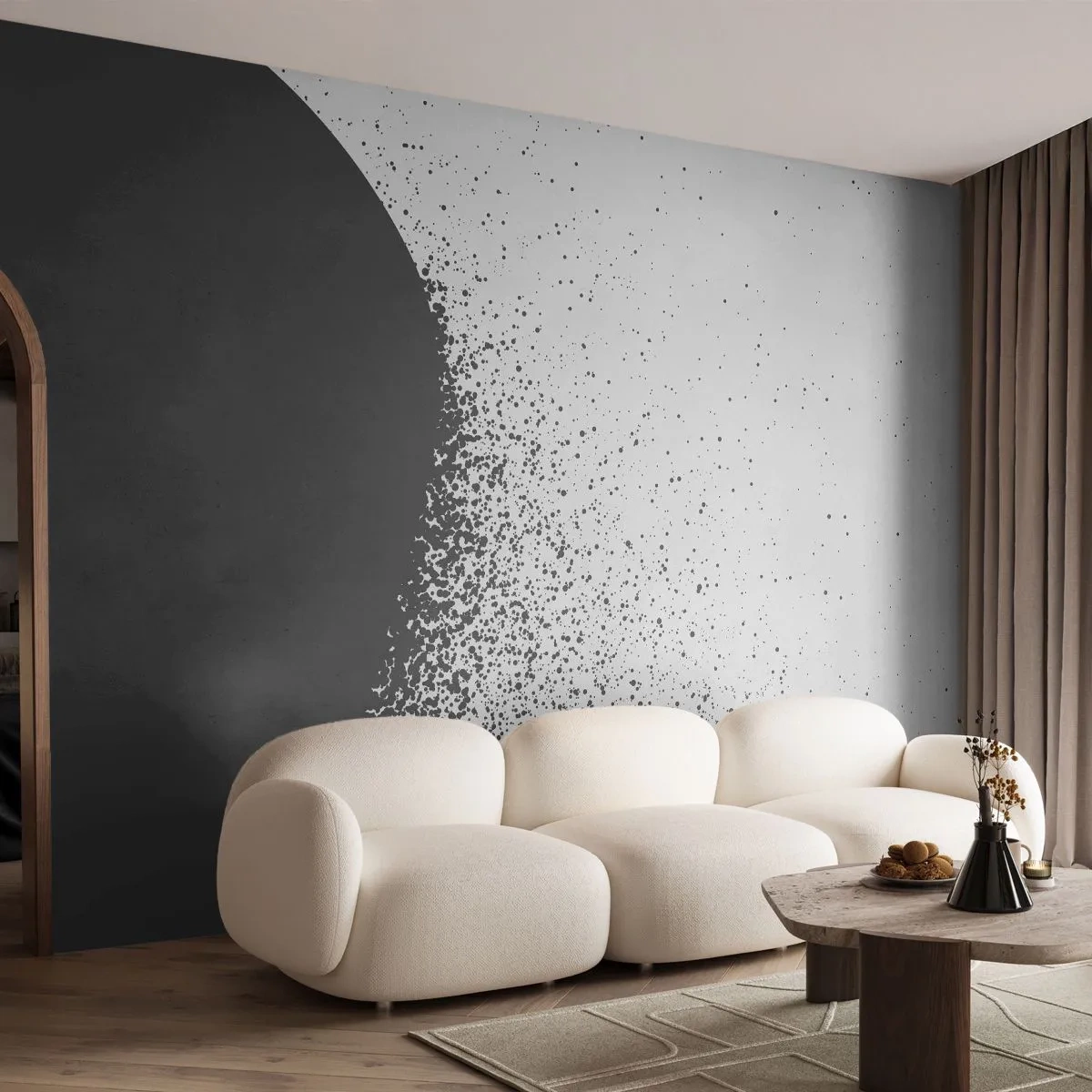 Fototapete Premium Sand - Bewegung von Molekülen - Abstraktion, Schwarz und weiß, Grafik - 350x256 cm