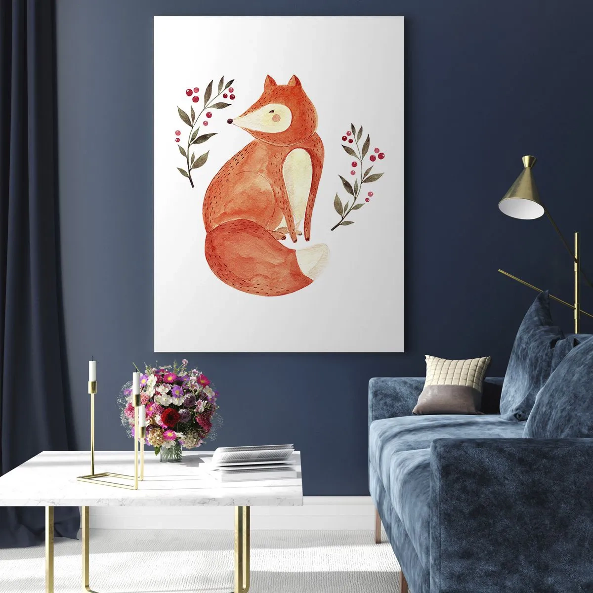 Glasbild - Bild auf glas - Ein Aquarellfuchs, umgeben von Zweigen mit Beeren - 80x120cm - Kleine Rothaarige - Moderne Wanddekoration für Wohnzimmer und Schlafzimmer ARTTOR