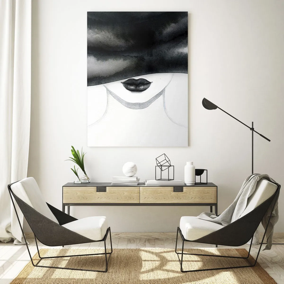 Glasbild - Bild auf glas - Geheimnisvolles Gesicht mit verdeckten Augen in Schwarz-Weiß-Aquarell - 50x70cm - Ein sinnliches Geheimnis - Moderne Wanddekoration für Wohnzimmer und Schlafzimmer ARTTOR