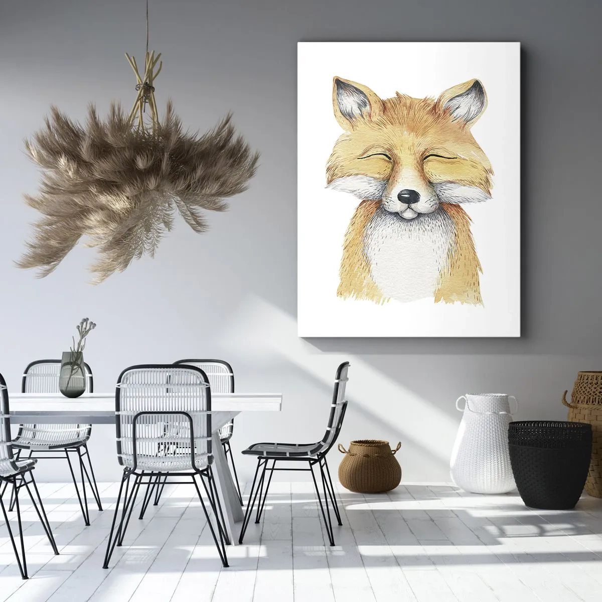 Bild auf Leinwand - Leinwandbild - Ein Aquarellfuchs mit einem Lächeln im minimalistischen Stil - 80x120cm - Fuchsstimmungen - Moderne Wanddekoration für Wohnzimmer und Schlafzimmer ARTTOR
