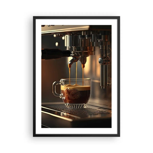 Poster in einem schwarzem Rahmen - Eine Kaffeemaschine gießt Espresso in eine Tasse - 50x70cm - Sinnliche Mischung - Moderne Wanddekoration für Wohnzimmer und Schlafzimmer ARTTOR
