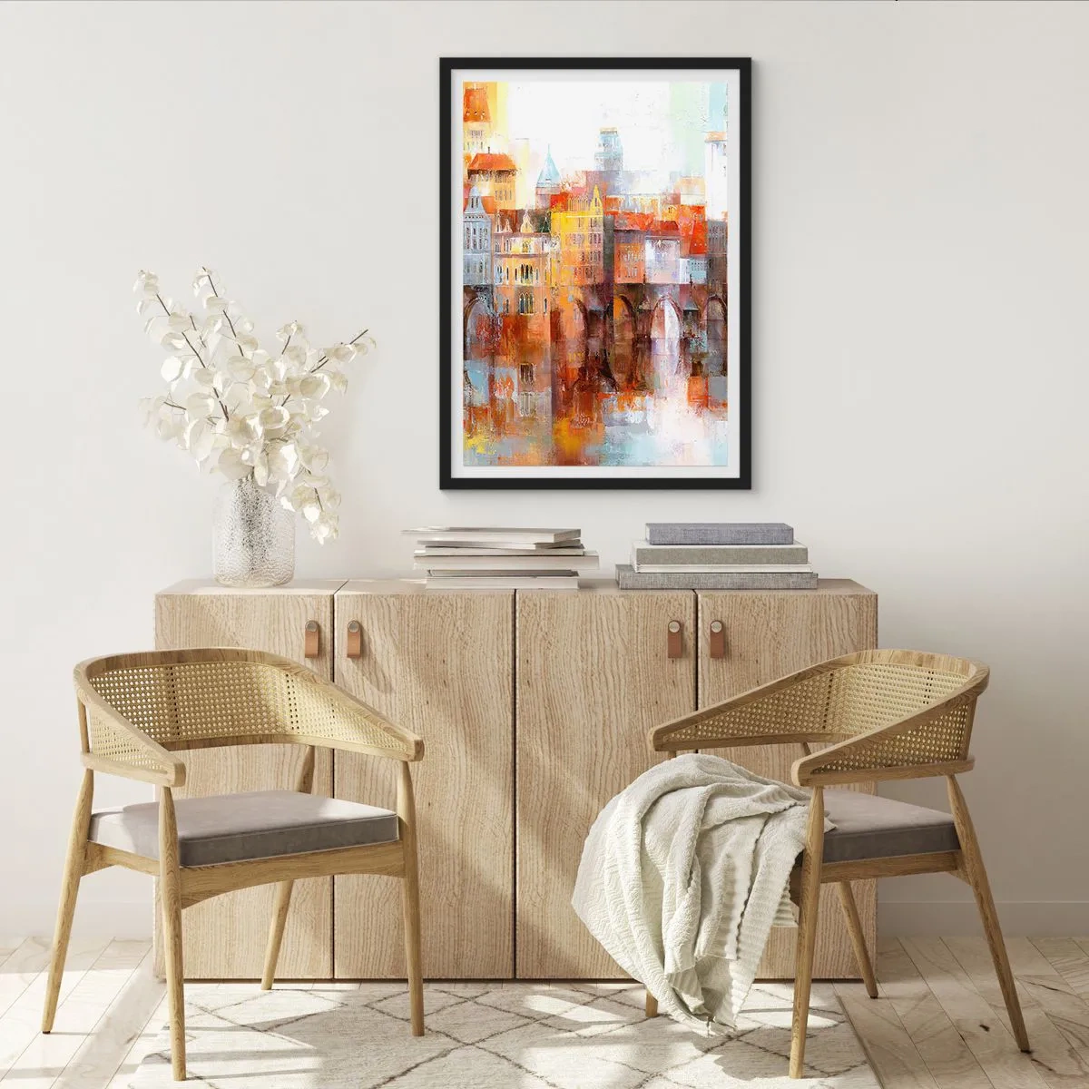 Poster in einem schwarzem Rahmen - Eine malerische Stadt mit einer kunstvoll gestalteten Brücke - 50x70cm - Schön ist es auch unter der Brücke - Moderne Wanddekoration für Wohnzimmer und Schlafzimmer ARTTOR