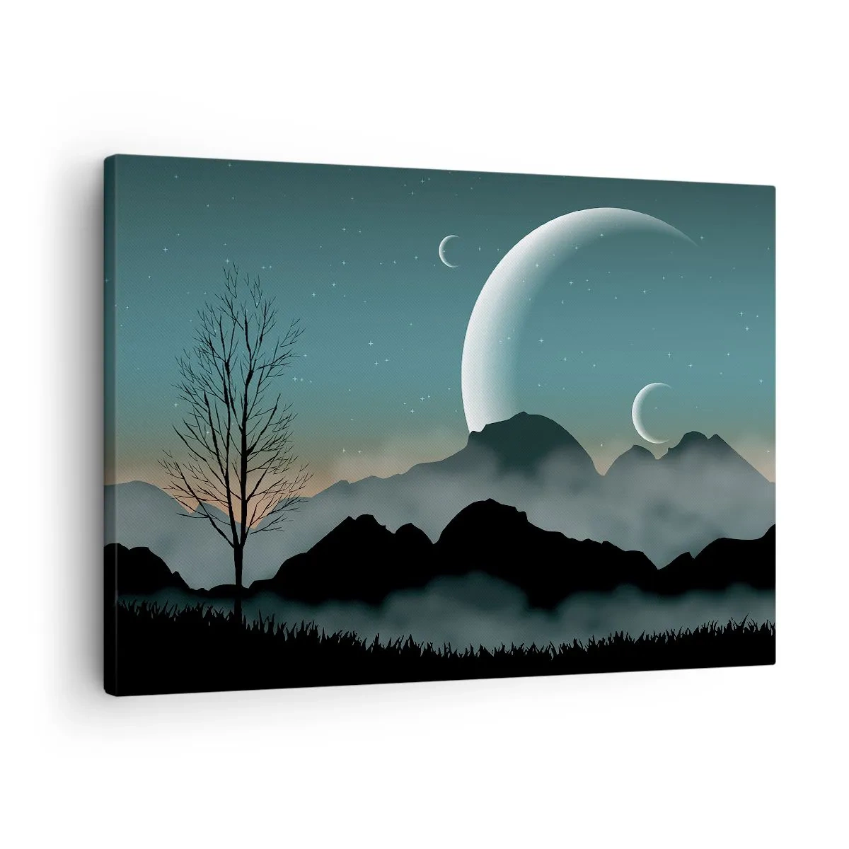 Bild auf Leinwand - Leinwandbild - Neblige Berge mit dem Mond und einem einsamen Baum - 70x50cm - Karneval in der Sternenacht - Moderne Wanddekoration für Wohnzimmer und Schlafzimmer ARTTOR
