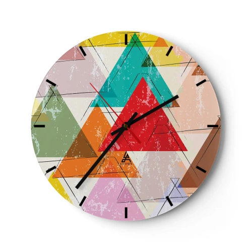 Wanduhr - Glasuhr - Bunte Dreiecke im geometrischen Stil mit gealtertem Effekt - 30x30cm - Drei mal drei - Moderne Wanddekoration für Wohnzimmer, Küche und Schlafzimmer ARTTOR