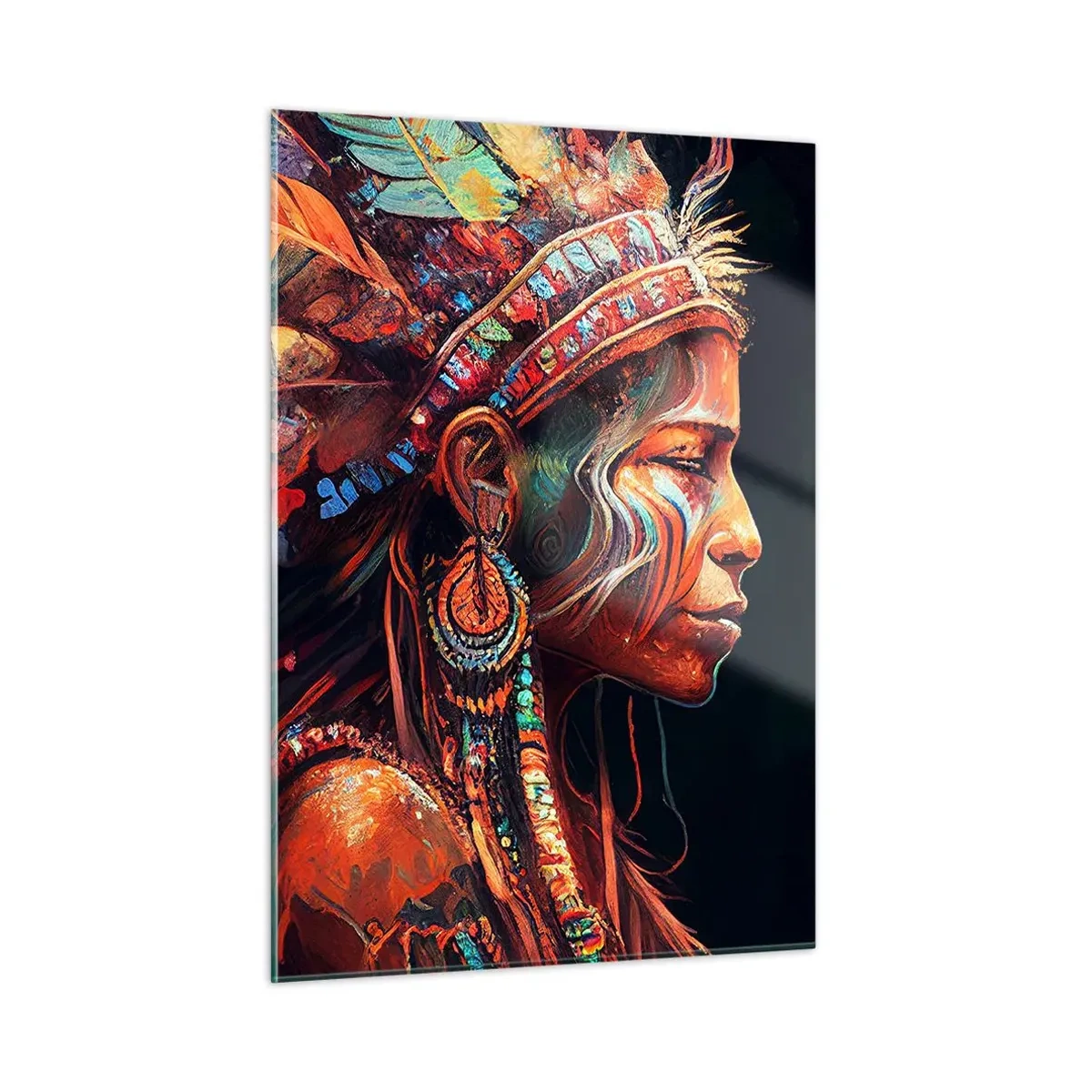 Glasbild - Bild auf glas - Eine Figur mit Federkopfschmuck trinkt einen Trank in mystischer Atmosphäre - 50x70cm - Magisches Ritual - Moderne Wanddekoration für Wohnzimmer und Schlafzimmer ARTTOR