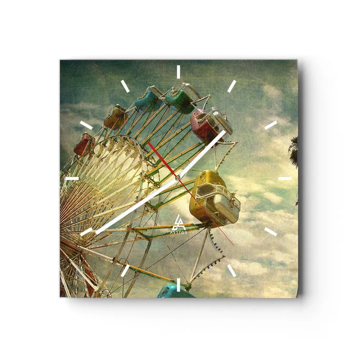 Wanduhr - Glasuhr - Retro-Foto von einem Riesenrad mit Palmen gegen den Himmel - 30x30cm - Es wird Spaß geben ... - Moderne Wanddekoration für Wohnzimmer und Schlafzimmer ARTTOR