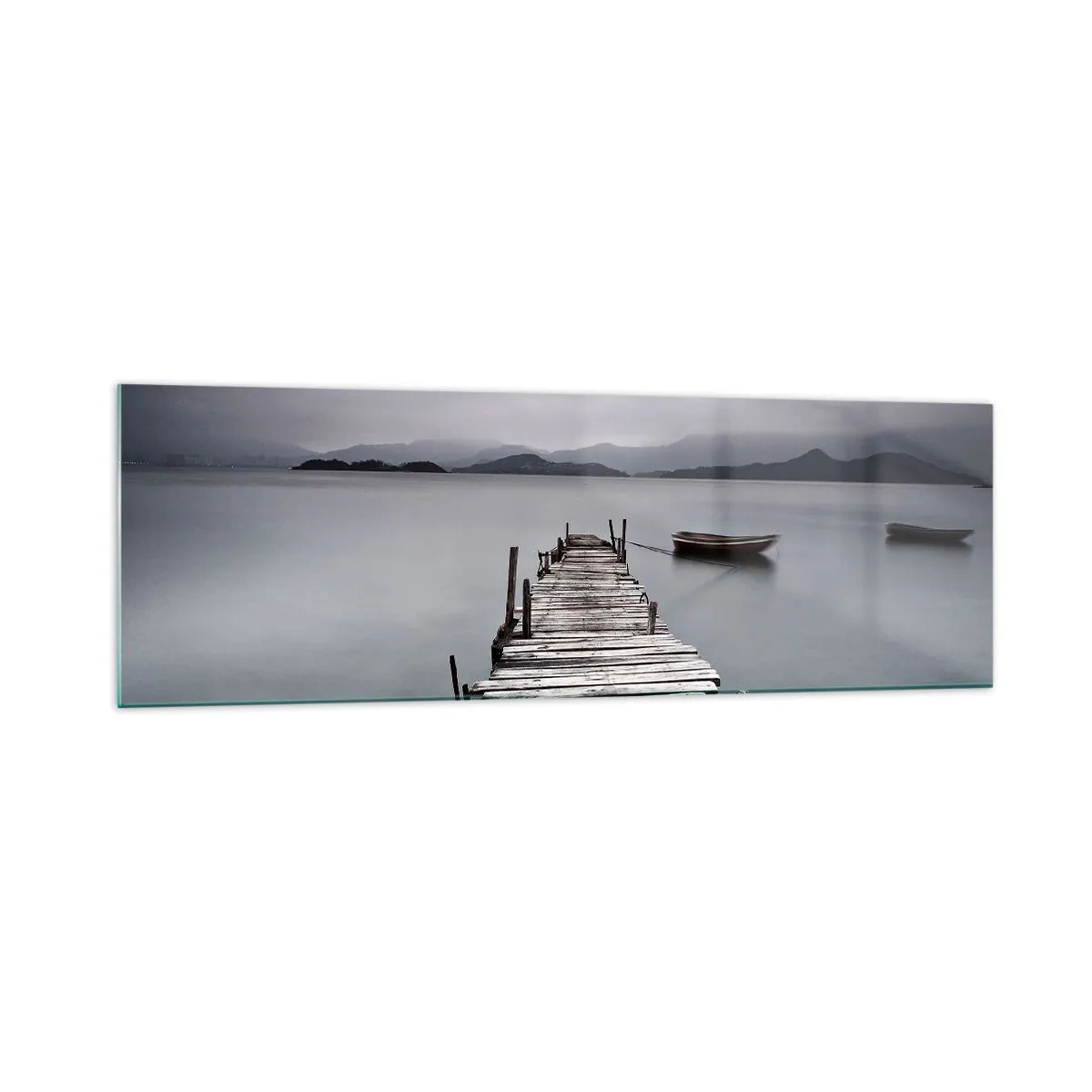 Glasbild - Bild auf glas - Eine Holzbrücke, die zur ruhigen Oberfläche des Sees führt - 160x50cm - Du kannst morgen gehen - Moderne Wanddekoration für Wohnzimmer und Schlafzimmer ARTTOR