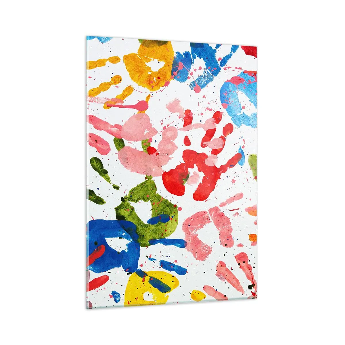 Glasbild - Bild auf glas - Bunte Handabdrücke auf weißem Hintergrund - 50x70cm - Folgen Sie den Spuren - Moderne Wanddekoration für Wohnzimmer und Schlafzimmer ARTTOR