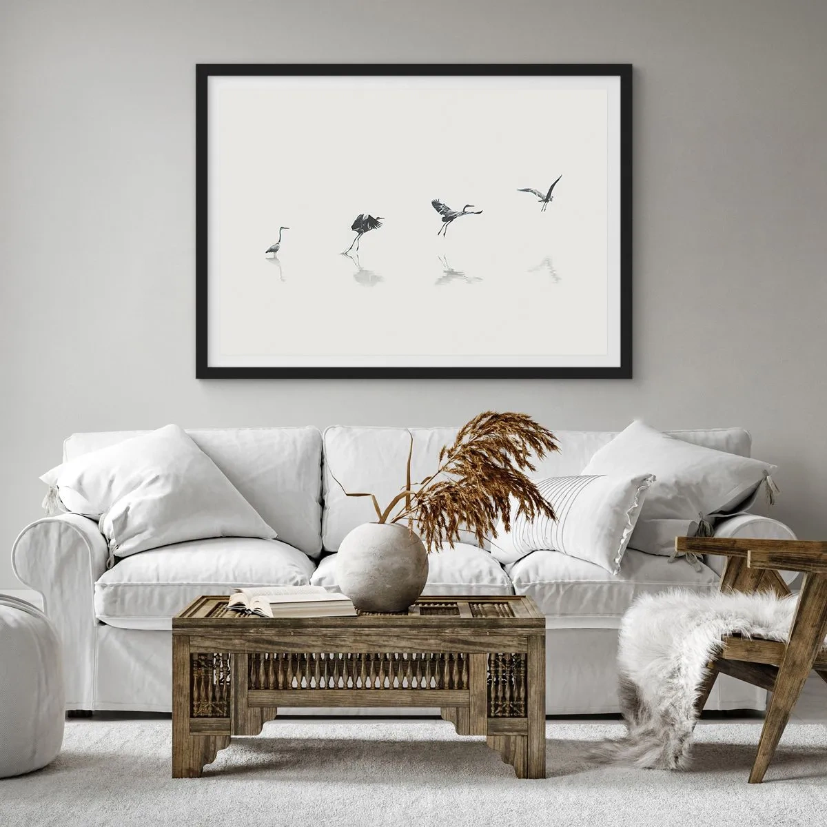 Poster in einem schwarzem Rahmen - Vier Vogelsilhouetten spiegeln sich im ruhigen Wasser - 70x50cm - Vier einfache Schritte - Moderne Wanddekoration für Wohnzimmer und Schlafzimmer ARTTOR