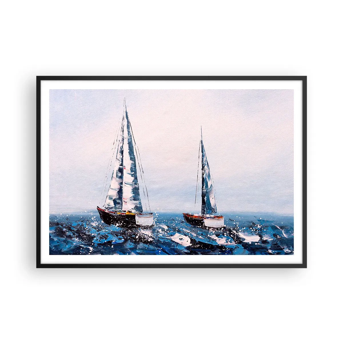 Poster in einem schwarzem Rahmen - Segelboote auf stürmischer See in malerischer Komposition - 100x70cm - Bruderschaft des Windes - Moderne Wanddekoration für Wohnzimmer und Schlafzimmer ARTTOR