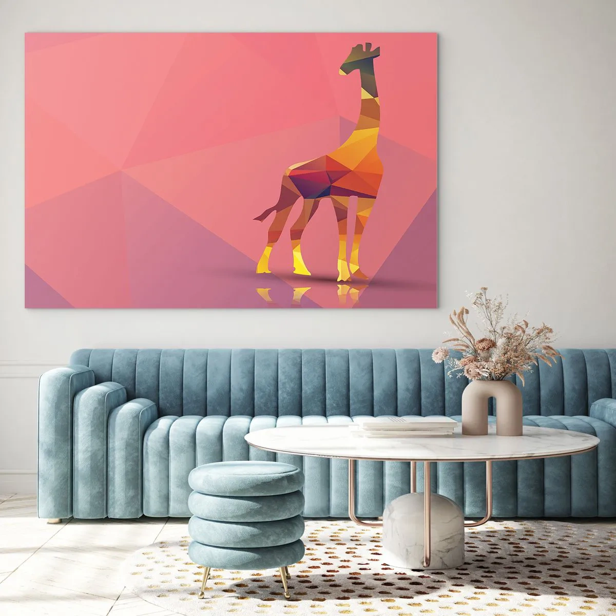 Glasbild - Bild auf glas - Geometrische Giraffe auf pastellfarbenem Hintergrund - 120x80cm - In den Farben der Savanne - Moderne Wanddekoration für Wohnzimmer und Schlafzimmer ARTTOR