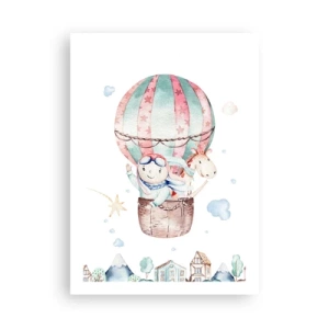 Poster - Eine niedliche Illustration eines Teddybären, der in einem Ballon über einer Stadt fliegt - 50x70cm - Wir kommen bald zurück! - Moderne Wanddekoration für Wohnzimmer und Schlafzimmer ARTTOR